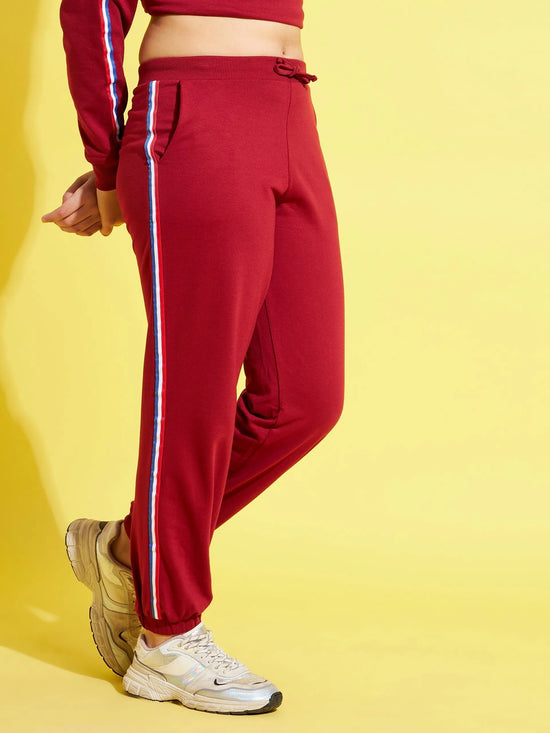 Girls Maroon Terry Side Tape Joggers