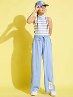 Girls Ice Blue Tencel Wide Leg Drawstring Pants