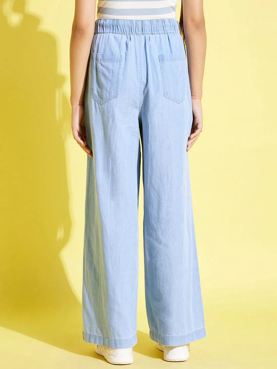 Girls Ice Blue Tencel Wide Leg Drawstring Pants