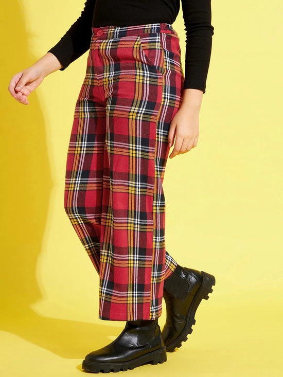 Girls Red & Yellow Check Straight Pants