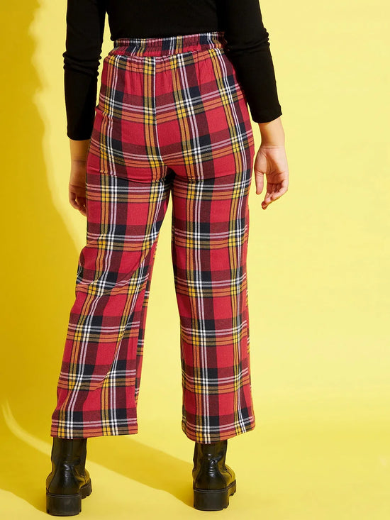 Girls Red & Yellow Check Straight Pants