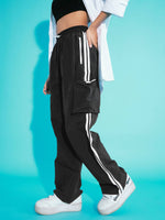 Girls Black Contrast Side Tape Cargo Parachute Pants