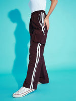 Girls Maroon Contrast Side Tape Cargo Parachute Pants