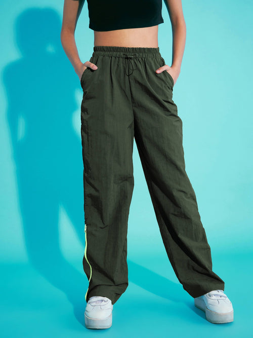 Girls Green Out Seam Neon Zipper Cargo Parachute Pants