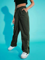 Girls Green Out Seam Neon Zipper Cargo Parachute Pants