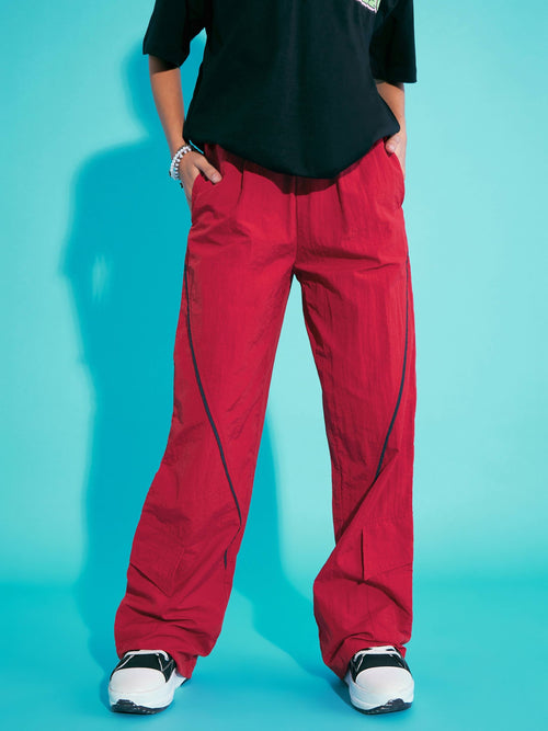 Girls Red Contrast Piping Cargo Parachute Pants