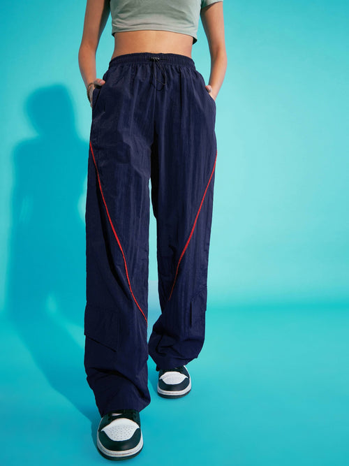 Girls Navy Blue Contrast Piping Cargo Parachute Pants