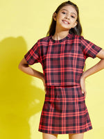 Girls Red & Black Check Crop Top With Skirt