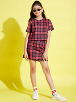 Girls Red & Black Check Crop Top With Skirt