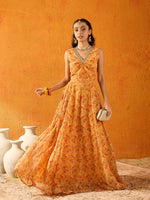 Girls Yellow Floral Anarkali Skirt With Sleeveless Crop Top-NVSETS9957