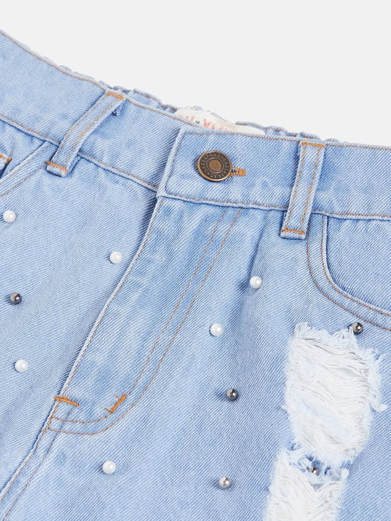 Girls Ice Blue Raw Hem Pearl Denim Shorts