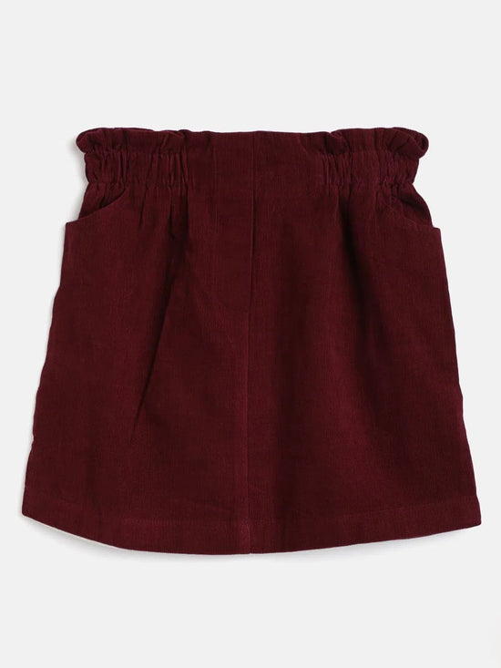 Girls Burgundy Corduroy Paper Bag Skirt-NVSKRT30060-8