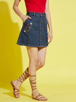 Girls Dark Blue Embroidery Front Button Denim Mini Skirt