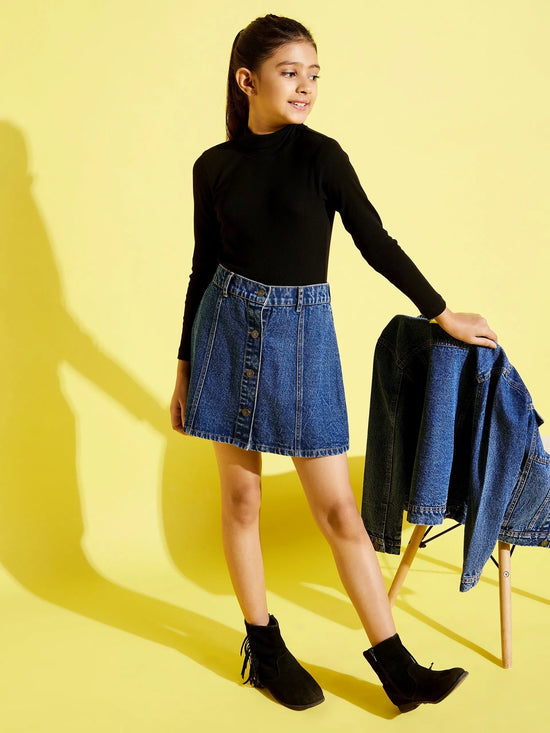 Girls Blue Front Button Denim Mini Skirt