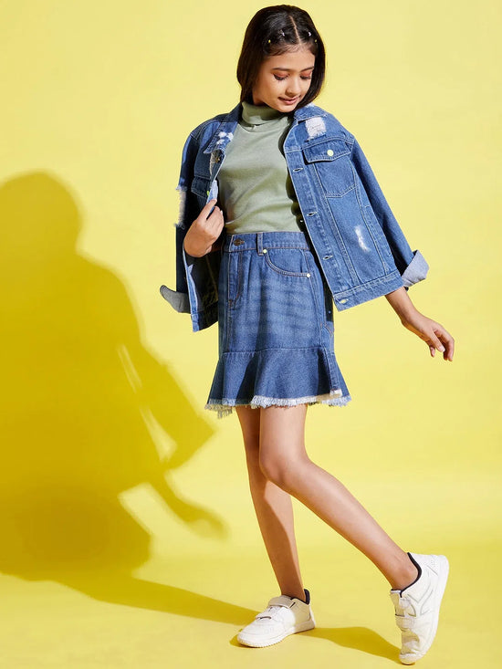 Girls Blue Raw Hem Denim Mini Skirt-NVSKRT30165-8