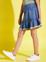 Girls Blue Raw Hem Denim Mini Skirt-NVSKRT30165-8