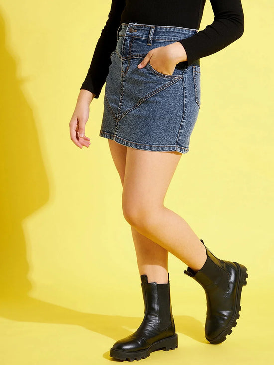 Girls Blue Contrast Thread Denim Mini Skirt