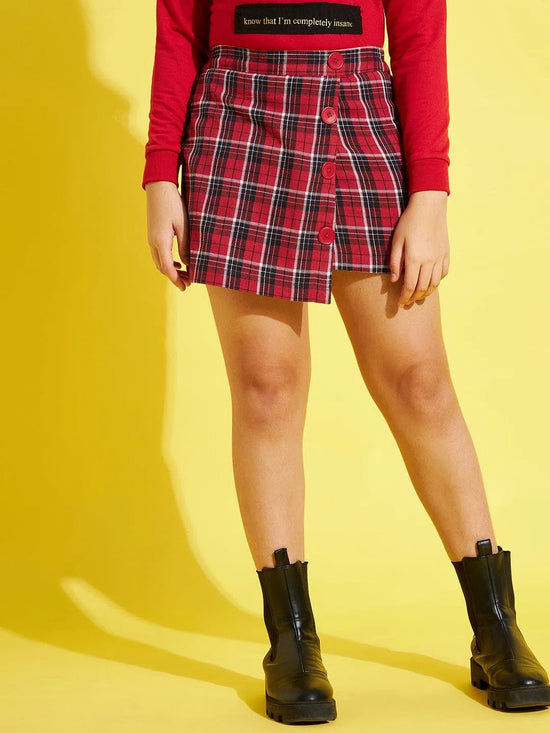 Girls Red & Navy Check Side Button Mini Skirt