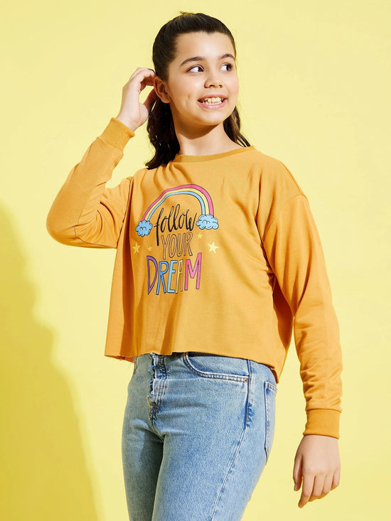 Girls Mustard Terry FOLLOW DREAM Crop Sweatshirt