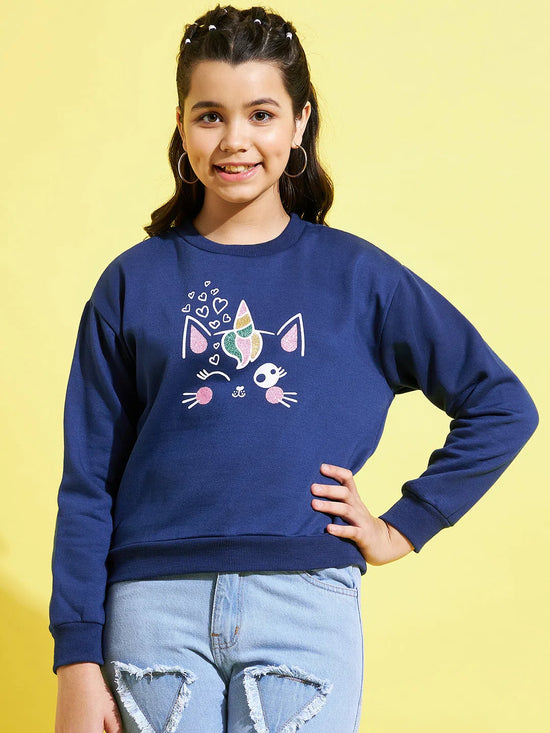 Girls Blue Fleece Glitter Print Sweatshirt