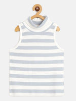 Girls Blue & White Stripes Sleeveless High Neck Rib Top