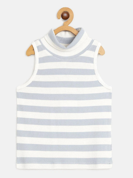 Girls Blue & White Stripes Sleeveless High Neck Rib Top