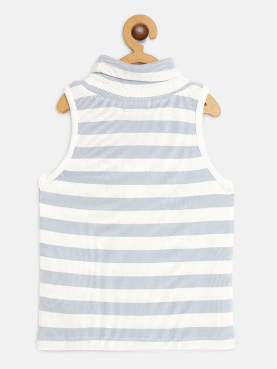 Girls Blue & White Stripes Sleeveless High Neck Rib Top