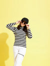 Girls Black & White Stripes Full Sleeve High Neck Rib Top