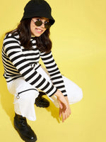 Girls Black & White Stripes Full Sleeve High Neck Rib Top