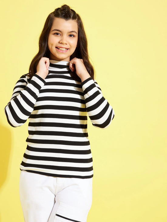 Girls Black & White Stripes Full Sleeve High Neck Rib Top