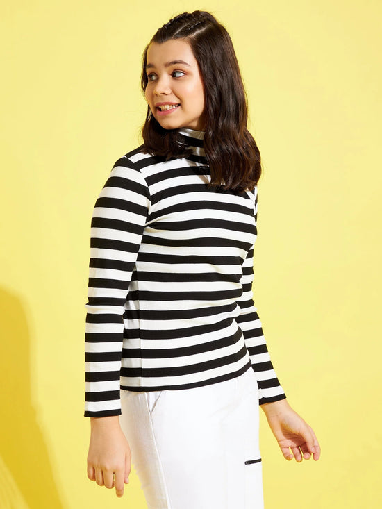 Girls Black & White Stripes Full Sleeve High Neck Rib Top