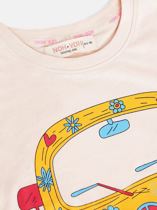 Girls Cream Bus Print Regular T-Shirt