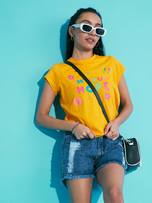 Girls Mustard I Am Your Hope T-Shirt With Denim Shorts