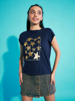 Girls Navy Stars Print T-Shirt With Mini Skirt