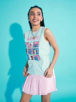 Girls Blue Happy Print Sleeveless T-Shirt With Pink Skorts