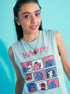 Girls Blue Happy Print Sleeveless T-Shirt With Pink Skorts