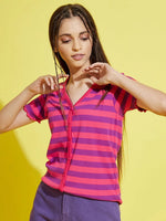 Girls Pink & Purple Stripes Front Button Rib Top