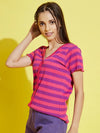 Girls Pink & Purple Stripes Front Button Rib Top