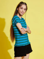 Girls Blue & Green Stripes Front Button Rib Top