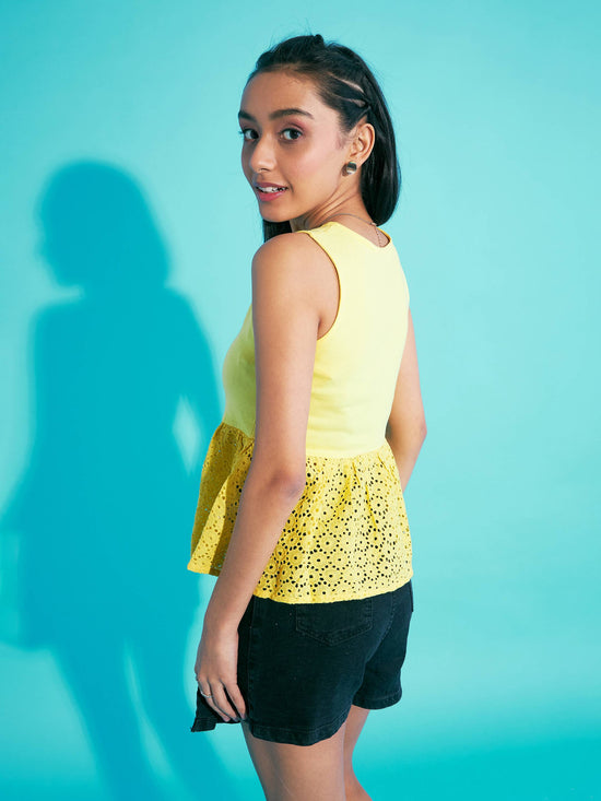 Girls Yellow Front Button Schiffli Peplum Top With Skorts