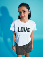 Girls White LOVE Print Crop T-Shirt With Mini Skirt