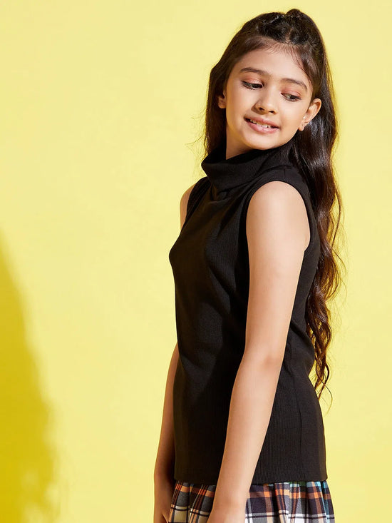 Girls Black Sleeveless High Neck Rib Top