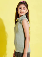 Girls Olive Sleeveless High Neck Rib Top