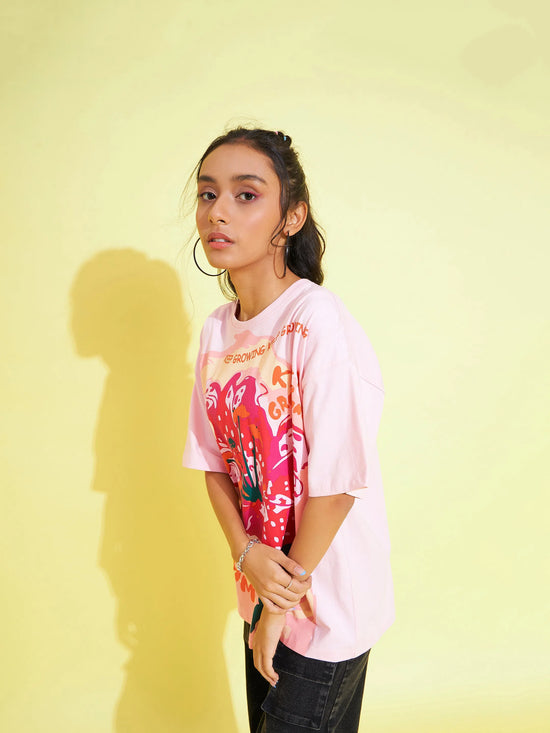 Girls Pink Floral Print Oversized T-Shirt