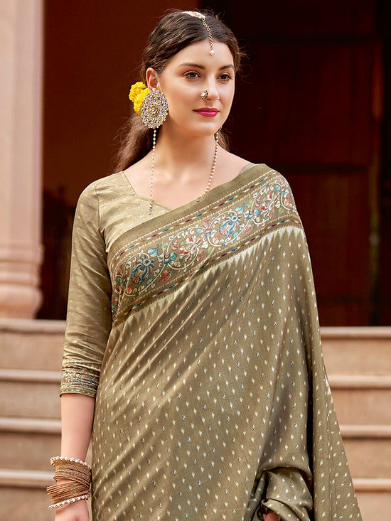 Saree Mall Women's Cotton Blend Olive Printed Designer Saree With Blouse Piece-NYNTRA102