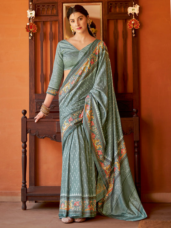 Saree Mall Women's Cotton Blend Sea Green Printed Designer Saree With Blouse Piece-NYNTRA105