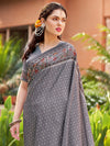 Saree Mall Women's Cotton Blend Charcoal Grey Printed Designer Saree With Blouse Piece-NYNTRA106