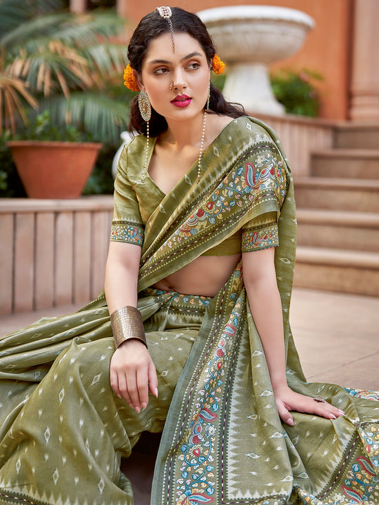 Saree Mall Women's Cotton Blend Olive Printed Designer Saree With Blouse Piece-NYNTRA107