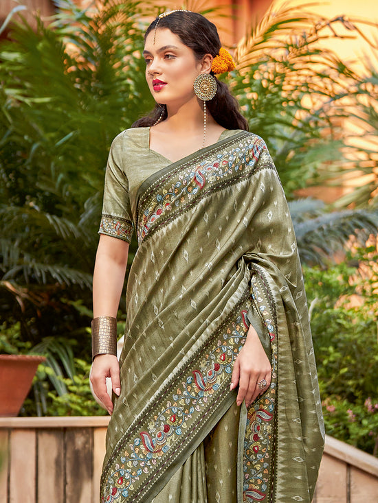 Saree Mall Women's Cotton Blend Olive Printed Designer Saree With Blouse Piece-NYNTRA107