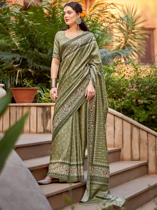 Saree Mall Women's Cotton Blend Olive Printed Designer Saree With Blouse Piece-NYNTRA107